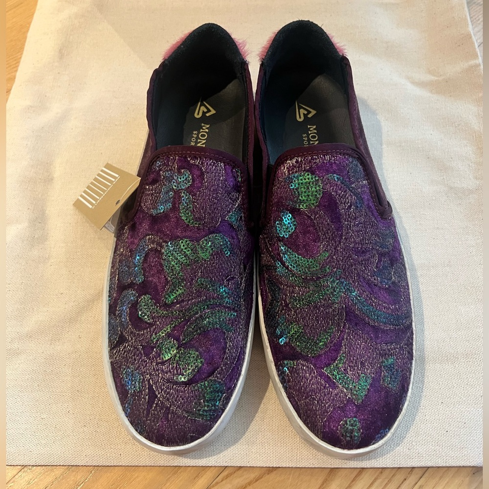 Monte Sport Sneakers Slip On Purple Green Sequins 39 made in Italy New in box